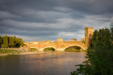 The Castelvecchio bridge, also known as the Scaliger bridge, is a Verona bridge on the Adige river, Italy
