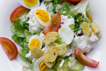 Classical Caesar salad without roasted chicken, sliced eggs, lettuce leaves, crackers, parmesan and tomatoes and cream sauce, pictured close up