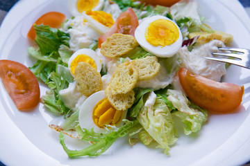 Classical Caesar salad without roasted chicken, sliced eggs, lettuce leaves, crackers, parmesan and tomatoes and cream sauce, pictured close up