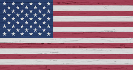 Grunge flag of USA. Isolated American banner on white wooden background. Painted rough vintage backdrop. Rustic vintage style. U.S. independence, Memorial day. Horizontal orientation.