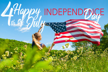 Happy 4th of July, Independence day United States. Woman holding American flag.