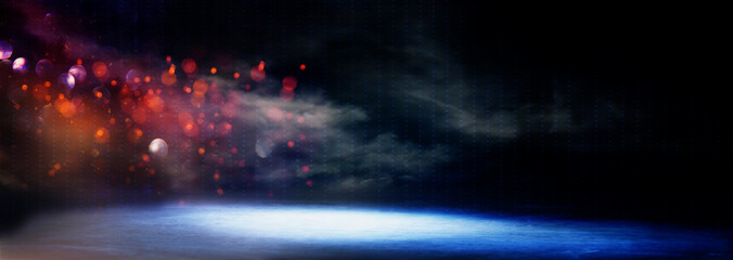 abstract dark concentrate floor scene with mist or fog, spotlight, glitter for display