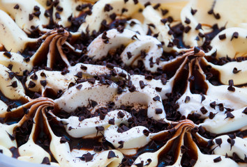 Banana split ice cream with chocolate.