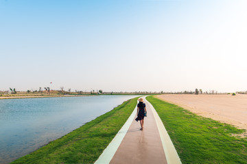 Tourist walking around Love lakes in Dubai