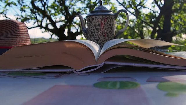 Blowing pages in the breezy wind, Book, holiday relax in the garden green with an antique teapot