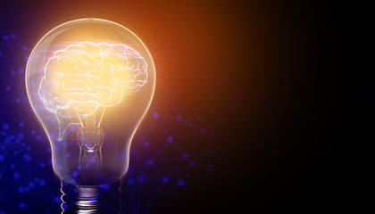 creative idea lightbulb, ai network technology hologram in sci-fi futuristic concept, cell science...