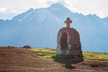 Church of the Holy Trinity in the mountains of Georgia, Stepantsminda and Mount Kazbek