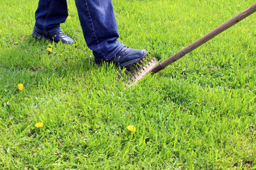 The foot steps on the thrown rake on the green grass.