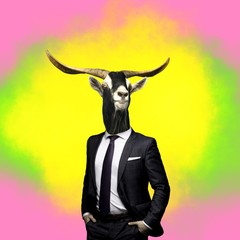 Contemporary art collage,  goat in a suit