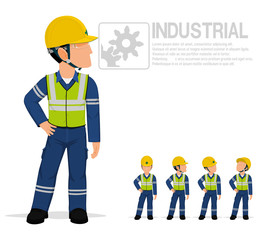 Industrial worker in reflective vest are posing akimbo on transparent background.