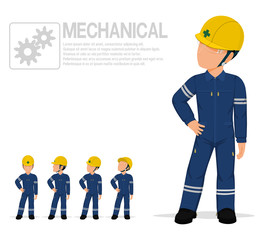 Mechanical worker in mechanic jumpsuit are posing akimbo on transparent background.