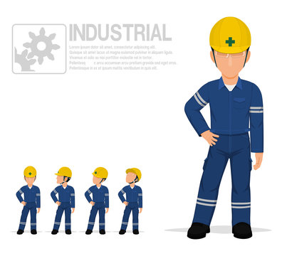 Industrial worker in uniform are posing akimbo on transparent background.