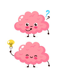 Cute brain with question mark and lightbulb 