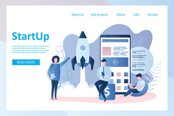 Start up landing page,rocket take off,teamwork and big mobile phone with application,app development,