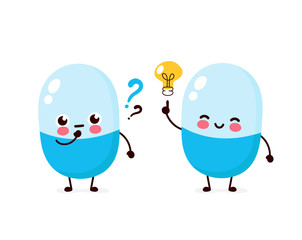 Cute pill with question mark and lightbulb