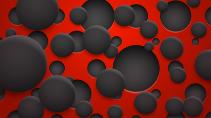 Abstract background of holes and circles with shadows in red and black colors