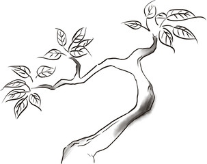 Imitation of ink painted branches in black and white with leaves
