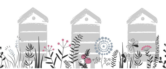 Vector nature seamless background with hand drawn wild herbs, flowers and leaves on white. Doodle style cartoon floral illustration. Vector