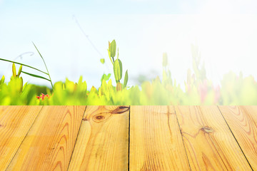 Blur Old Wooden table with blue sky white cloud background. with flower