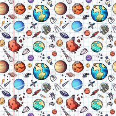 Hand drawn vector astronomy doodle seamless pattern.