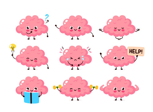 Cute human brain set. Healthy and unhealthy organ