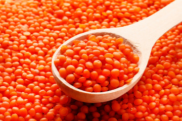 Lentils in a wooden spoon close-up on the background of lentils. Top view.