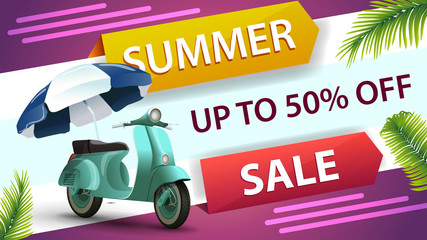 Summer sale, horizontal discount web banner for your website with creative design and scooter with a beach umbrella