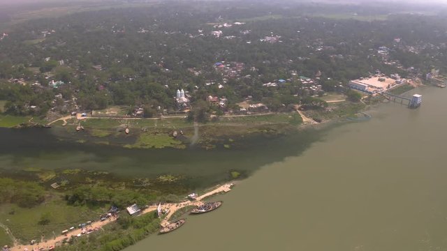 Ganga river meeting Kaveri, Mayapur, India, 4k aerial 