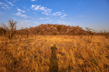 Fototapeta na wymiar Shadow of a man in the landscape of Botswana
