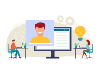 People student characters listen online courses. Web internet tutorial concept. Vector flat cartoon graphic design isolated illustration