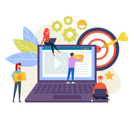 Teamwork office workers character people working together on web site page. Vector flat cartoon graphic design isolated illustration
