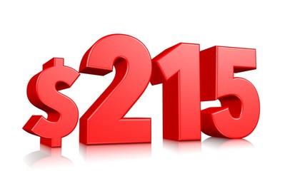 215$ Two hundred fifteen price symbol. red text number 3d render with dollar sign on white background