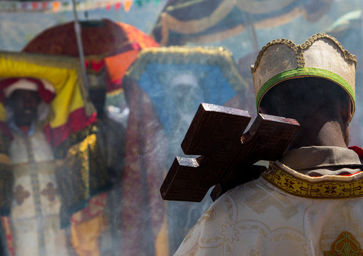 Ethiopian orthodox priests procession celebrating the colorful timkat epiphany festival, Amhara region, Lalibela, Ethiopia