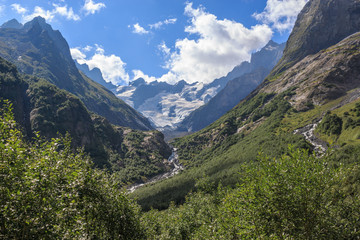 Naklejka premium Panorama view of mountains scene in national park of Dombay, Caucasus, Russia