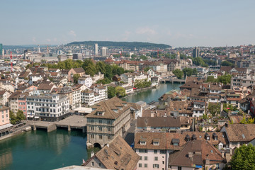 Fototapeta na wymiar Aerial view of historic Zurich city center from Grossmunster Church