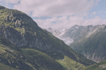 View closeup mountains scene, route great Aletsch Glacier