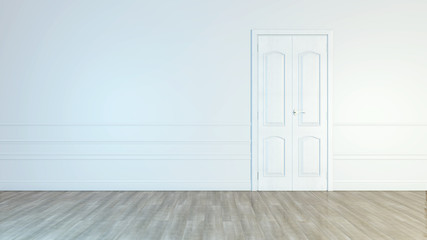 Modern white door. Grey wall with free space. Minimalist bright interior. 3d rendering.