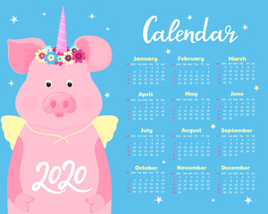 Calendar for 2020. Week start on Sunday. Cute pig in a costume of a fairytale unicorn with a horn and a flower wreath and wings. Funny animal.