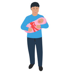 A young man is holding a newborn baby. Father's day