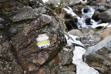 Trail Marker in Foreground, Mountain Creek in Background, Georgia