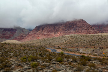 View landscape of red rock canyon national park in Foggy day at nevada,USA.