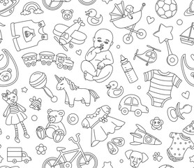 Baby goods store seamless background pattern Newborn products and toys.