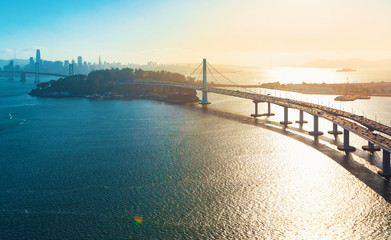 Aerial view of the Bay Bridge in San Francisco, CA - obrazy, fototapety, plakaty