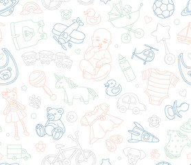 Baby goods store seamless background pattern Newborn products and toys.
