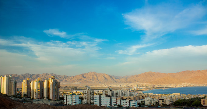 panorama photography of Israeli city Eilat on a Gulf of Aqaba Red sea bay aerial building landmark shot in contrast clean summer weather time 