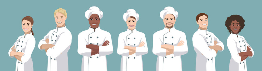 Zestaw szefów kuchni. Uśmiechnięci mężczyźni i kobiety z Europy i Afryki stoją na wpół obróceni i stoją przed kamerą, mają skrzyżowane ramiona i noszą mundury szefa kuchni. Ilustracji wektorowych - 272265932