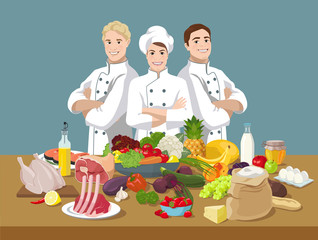 European female chef and cooker assistants in the kitchen and lots of variety of products in the foreground. Cooking concept. Vector illustration.