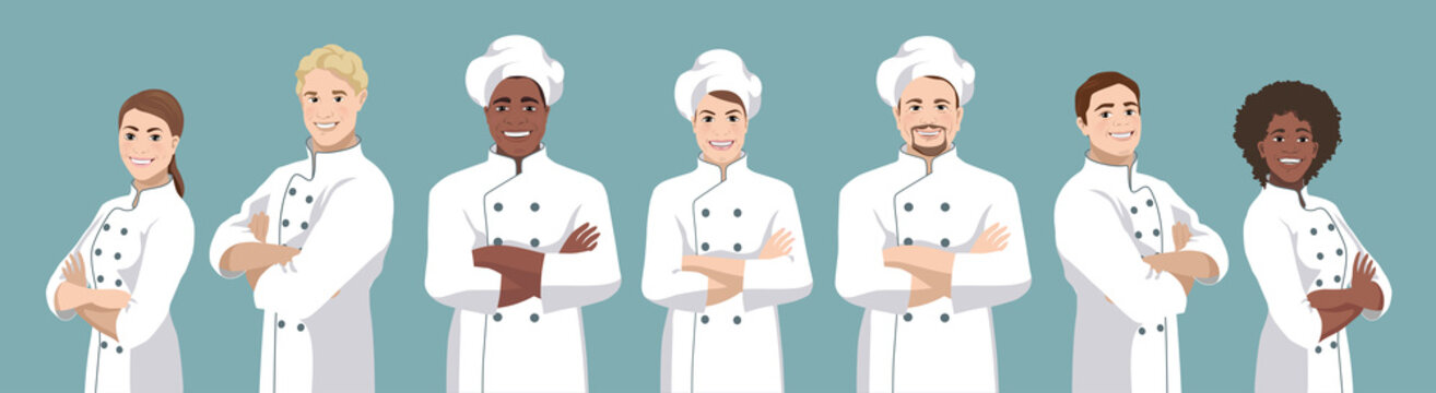 Set Of Chefs. European And African Smiling Men And Women Stand Half Turned And Facing Camera, Have Crossed Arms And Wearing Chef Uniform. Vector Illustration