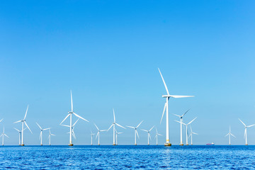 Offshore wind turbines on the coast of Copenhagen in Denmark
