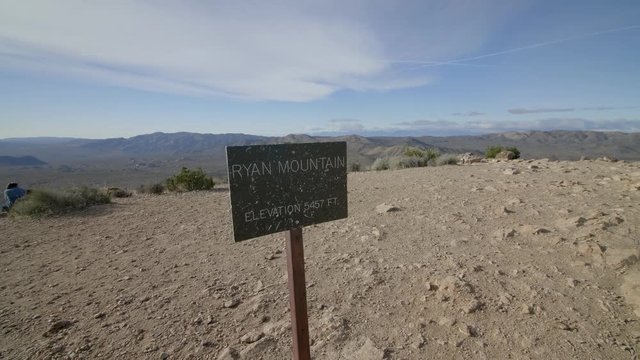 Expansive and scenic view on Ryan Mountain with hikers enjoying desert brown mountain blue sky view above.